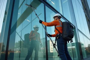 Εργαζόμενος καθαρίζει τζάμια κτιρίου με τηλεσκοπικό σύστημα από το έδαφος