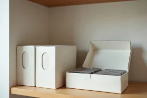 Ράφι με κουτιά συλλεκτικών φιγούρων και κουτί με κάρτες σε διάφανες θήκες