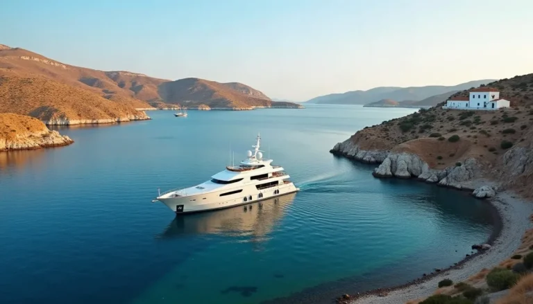 White motor yacht anchored in a calm bay on a Cycladic island
