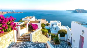 Whitewashed houses and cobbled steps in a hilltop Greek island village above the Aegean