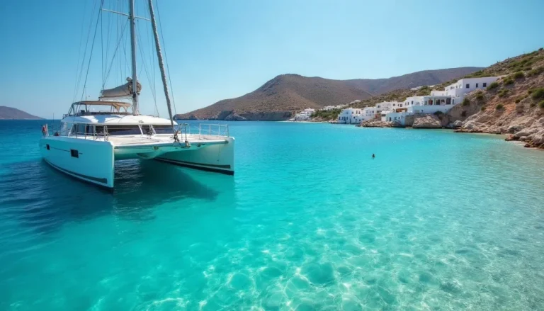 Sailing catamaran anchored over pale sand in a clear turquoise Greek island bay