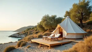Canvas glamping tent with a wooden deck among olive trees above a quiet bay in the Peloponnese