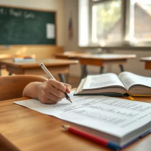 Παιδί συμπληρώνει τεστ κατάταξης αγγλικών σε θρανίο
